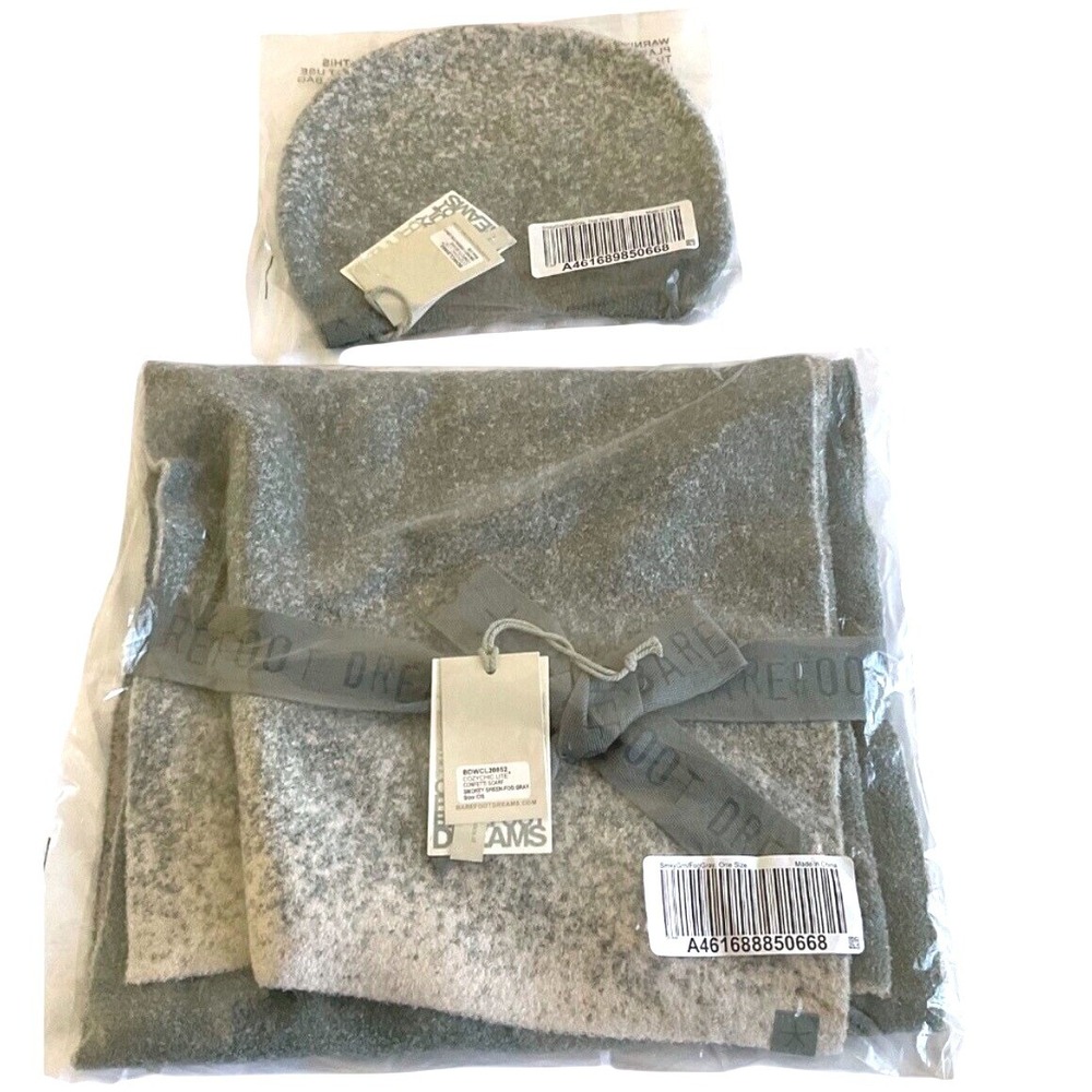 NWT Barefoot Dreams CozyChic Lite Confetti Beanie & Scarf Smokey Green Fog Gray